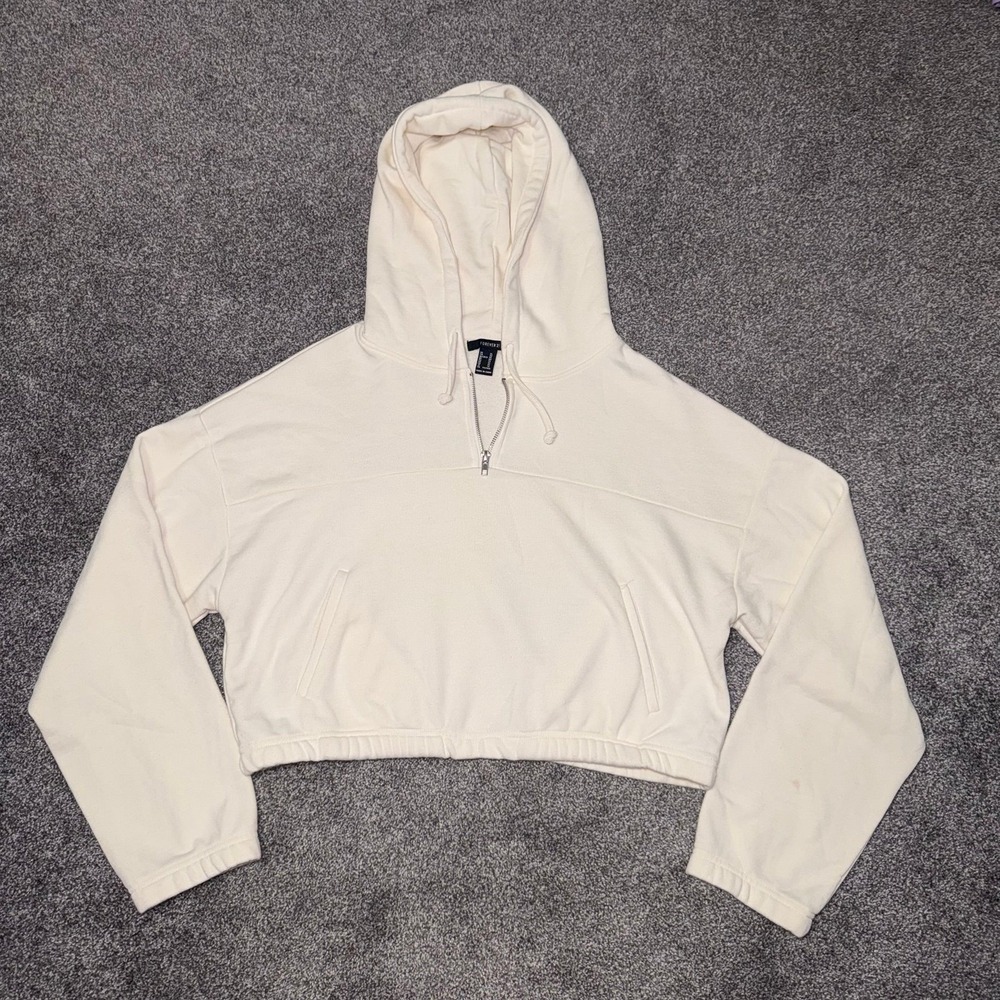 Forever 21 Women's Off-White Pullover Cropped Quarter-Zip Hoodie - Size XL